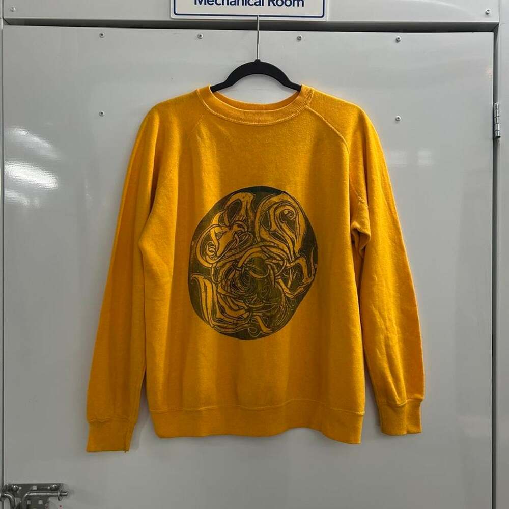 Vintage 80s Yellow Raglan Sweatshirt Abstract Block Print Graphic 🌀